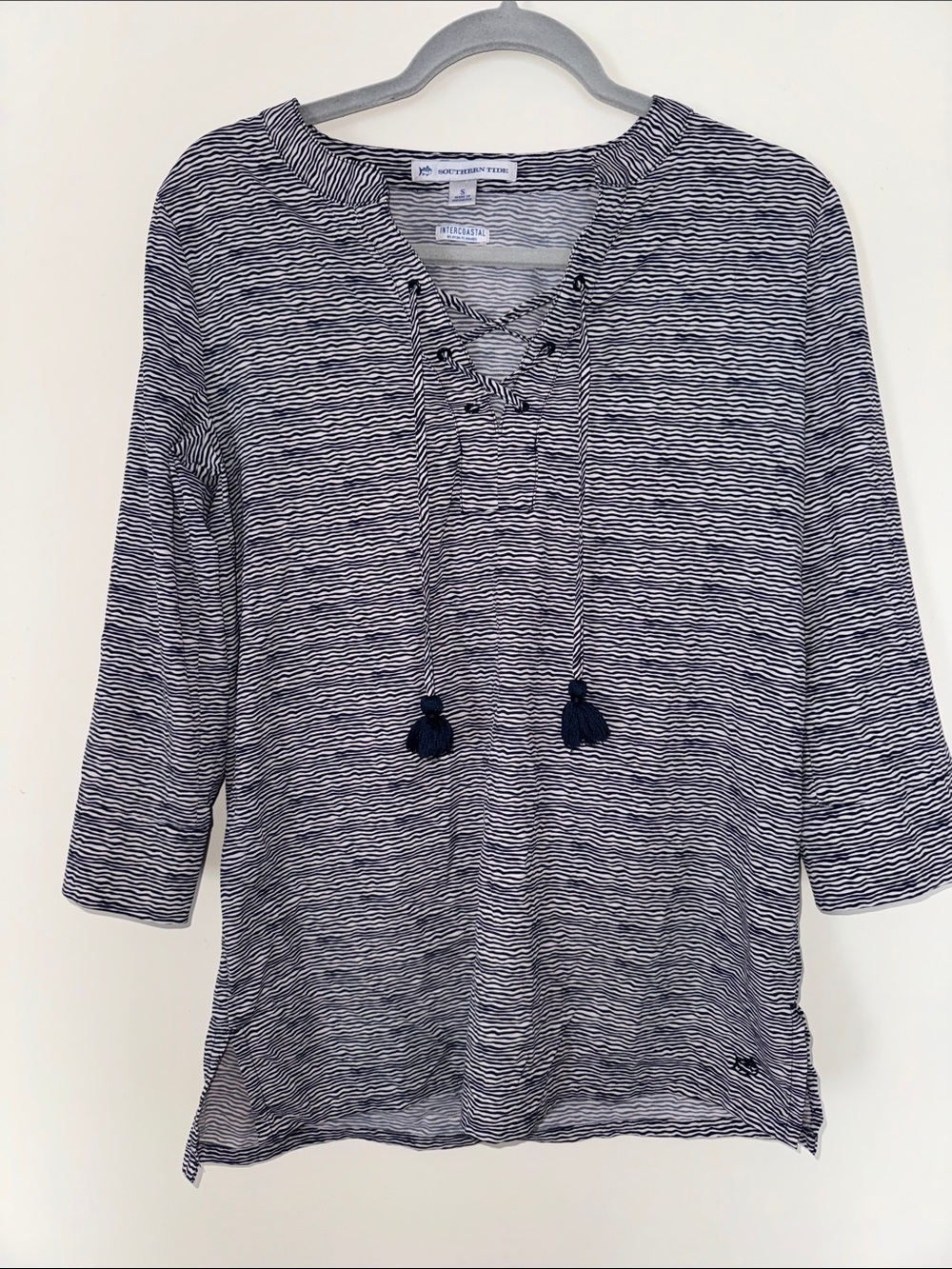 Southern Tide Navy and White Lace-Up Striped Top